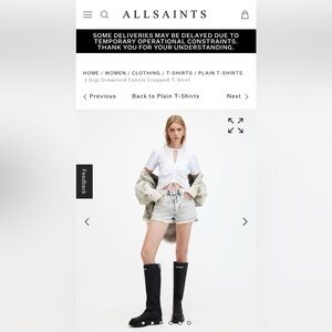 AllSaints Gigi Cut-Out Ruched Drawcord Cropped T-Shirt — Size 4 — White